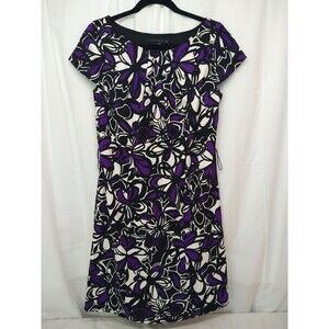 Tiana B. Size 10 Purple Black White Floral Short Cap Sleeve Shift Dress No Belt